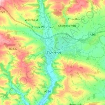 Topografisk kort Tiverton, højde, terræn