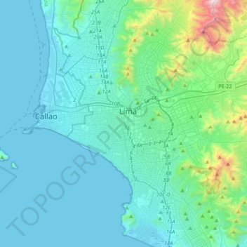 Topografisk kort Lima, højde, terræn
