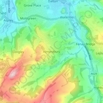 Topografisk kort Almondbury, højde, terræn