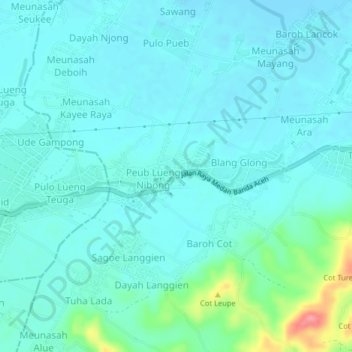 Topografisk kort Keude Lueng Putu, højde, terræn