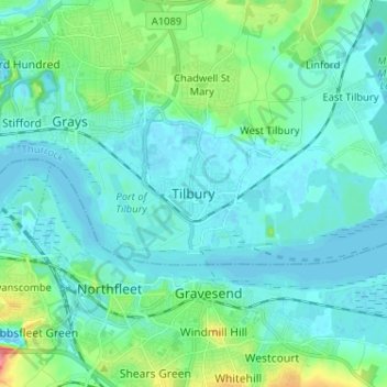 Topografisk kort Tilbury, højde, terræn