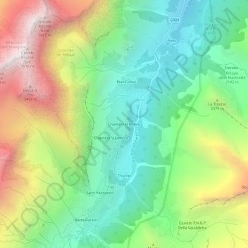 Topografisk kort Chantéry Inferiore, højde, terræn