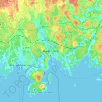 Topografisk kort Karlshamn, højde, terræn