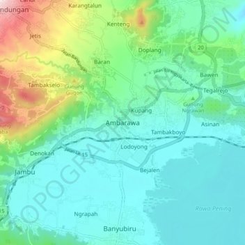 Topografisk kort Ambarawa, højde, terræn