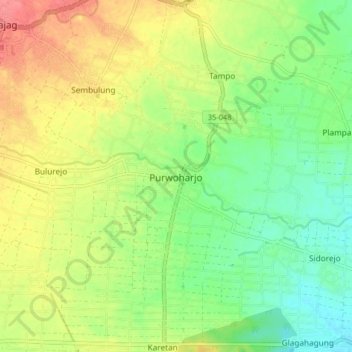 Topografisk kort Purwoharjo, højde, terræn
