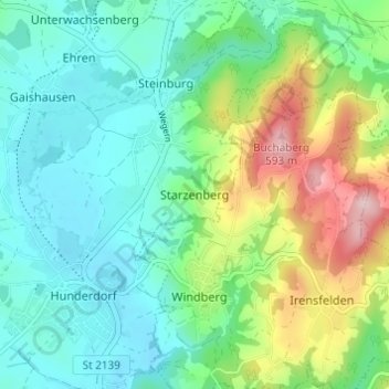 Topografisk kort Starzenberg, højde, terræn