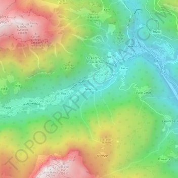 Topografisk kort Sorarù, højde, terræn