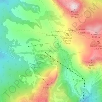 Topografisk kort Passo Rolle, højde, terræn