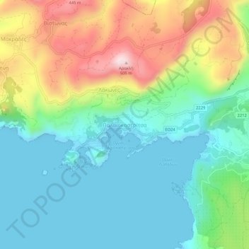 Topografisk kort Paleokastritsa, højde, terræn