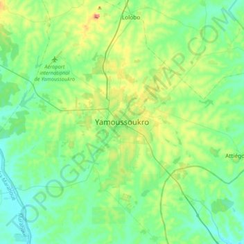 Topografisk kort Yamoussoukro, højde, terræn