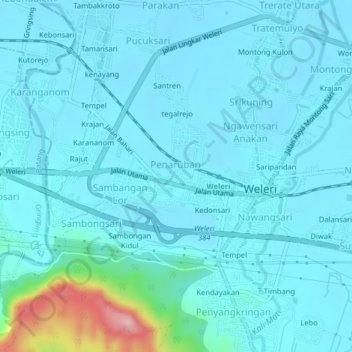 Topografisk kort Karangtengah, højde, terræn