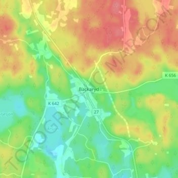 Topografisk kort Backaryd, højde, terræn