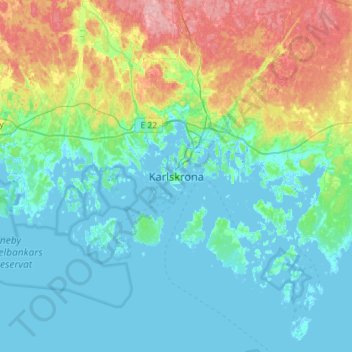 Topografisk kort Karlskrona, højde, terræn
