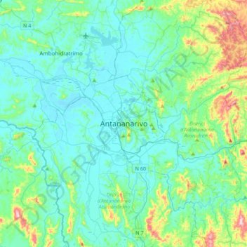 Topografisk kort Antananarivo, højde, terræn