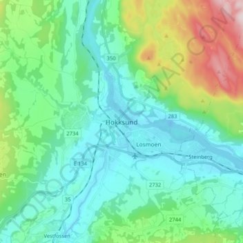 Topografisk kort Hokksund, højde, terræn