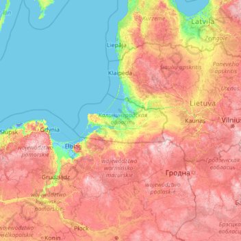Topografisk kort Kaliningrad Oblast, højde, terræn