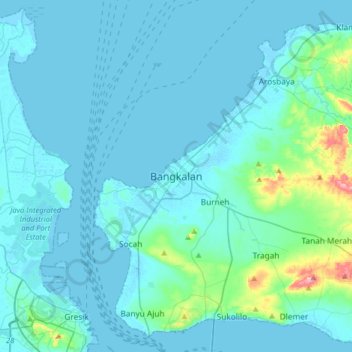 Topografisk kort Bangkalan, højde, terræn