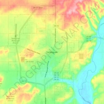 Topografisk kort Tahlequah, højde, terræn