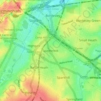 Topografisk kort Sparkbrook, højde, terræn
