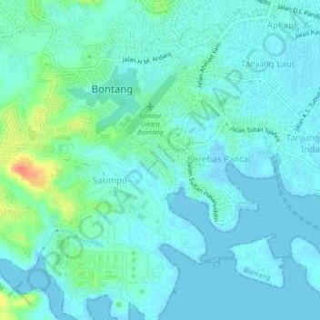 Topografisk kort Berbas Tengah, højde, terræn