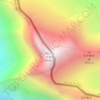 Topografisk kort मकालु 马卡鲁山 Makalu, højde, terræn
