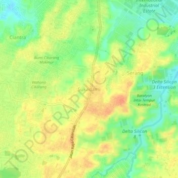 Topografisk kort Sukadami, højde, terræn