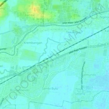 Topografisk kort Gilang, højde, terræn