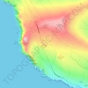 Topografisk kort Uttarafjall, højde, terræn
