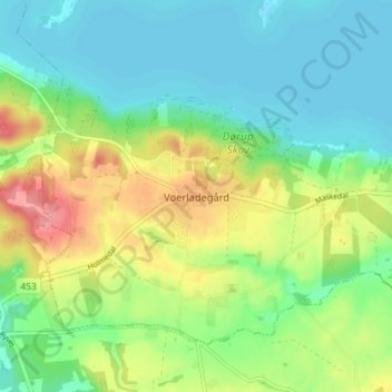 Topografisk kort Voerladegård, højde, terræn