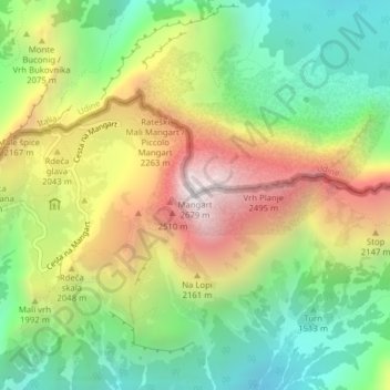 Topografisk kort Mangart, højde, terræn