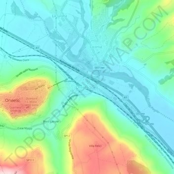 Topografisk kort Orvieto Scalo, højde, terræn