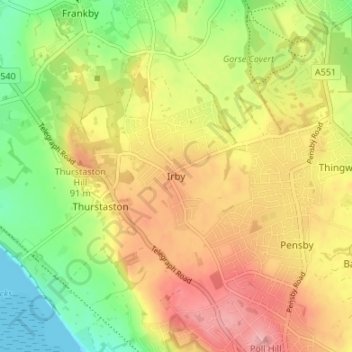 Topografisk kort Irby, højde, terræn