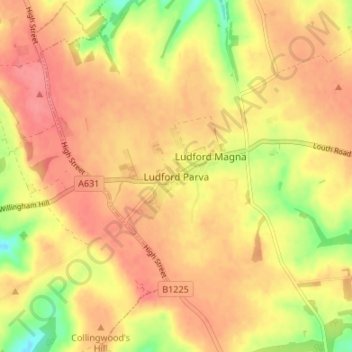 Topografisk kort Ludford Parva, højde, terræn