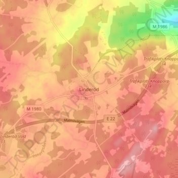 Topografisk kort Linderöd, højde, terræn