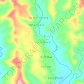 Topografisk kort Gunung Terang, højde, terræn