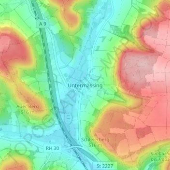 Topografisk kort Untermässing, højde, terræn