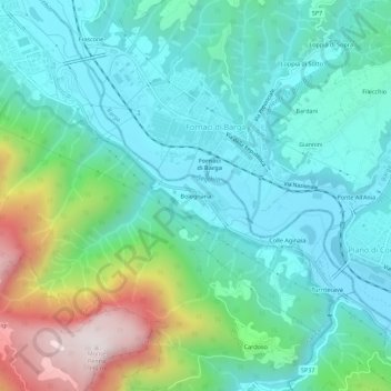 Topografisk kort Bolognana, højde, terræn