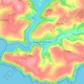 Topografisk kort Newton Ferrers, højde, terræn