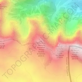 Topografisk kort Punta Quaira di Sennes, højde, terræn