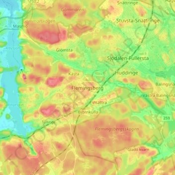 Topografisk kort Flemingsberg, højde, terræn