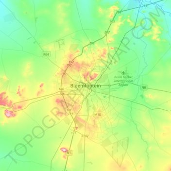 Topografisk kort Bloemfontein, højde, terræn
