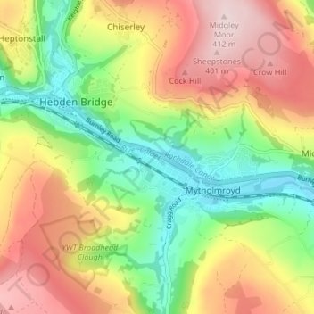 Topografisk kort Hawksclough, højde, terræn
