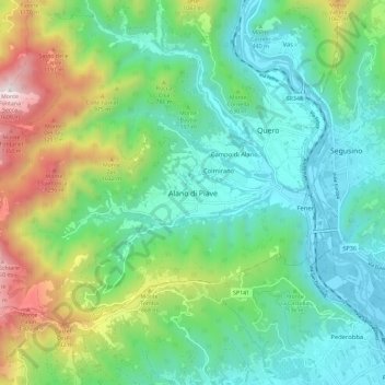 Topografisk kort Alano di Piave, højde, terræn