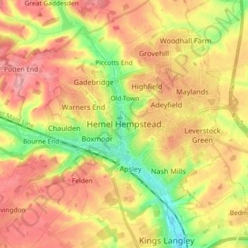 Topografisk kort Hemel Hempstead, højde, terræn