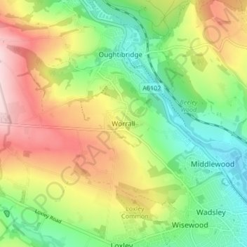 Topografisk kort Worrall, højde, terræn