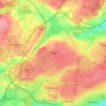 Topografisk kort Tilst, højde, terræn