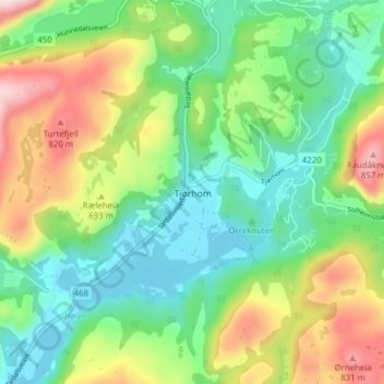 Topografisk kort Tjørhom, højde, terræn