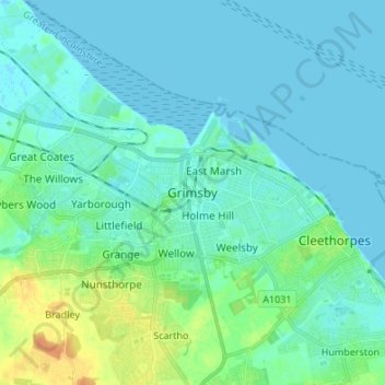 Topografisk kort Grimsby, højde, terræn