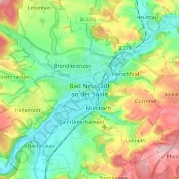 Topografisk kort Bad Neustadt an der Saale, højde, terræn