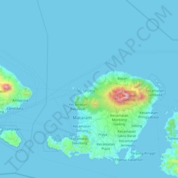 Topografisk kort Lombok Utara, højde, terræn